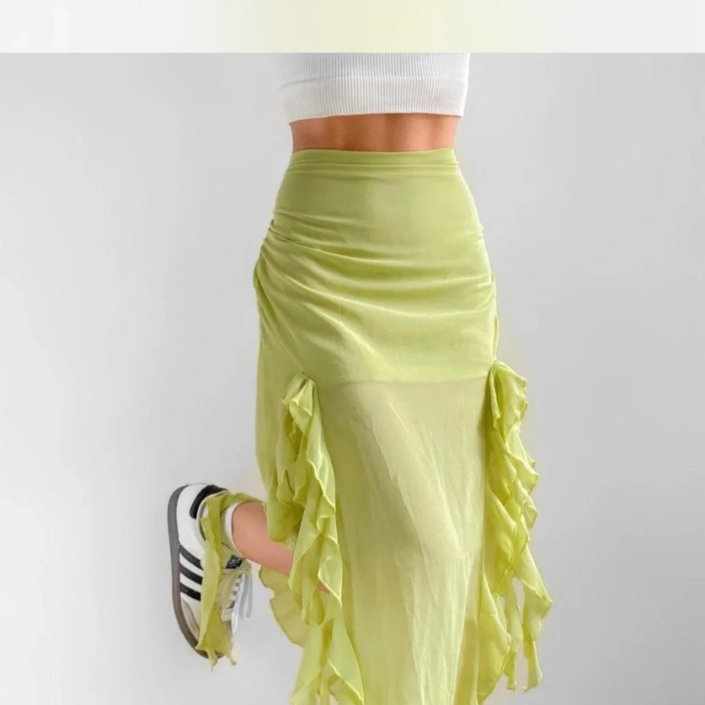 Lioness Lime Chiffon Maxi Skirt with Asymmetrical Hem, Ruching, and Ruffles - Picture 3 of 9